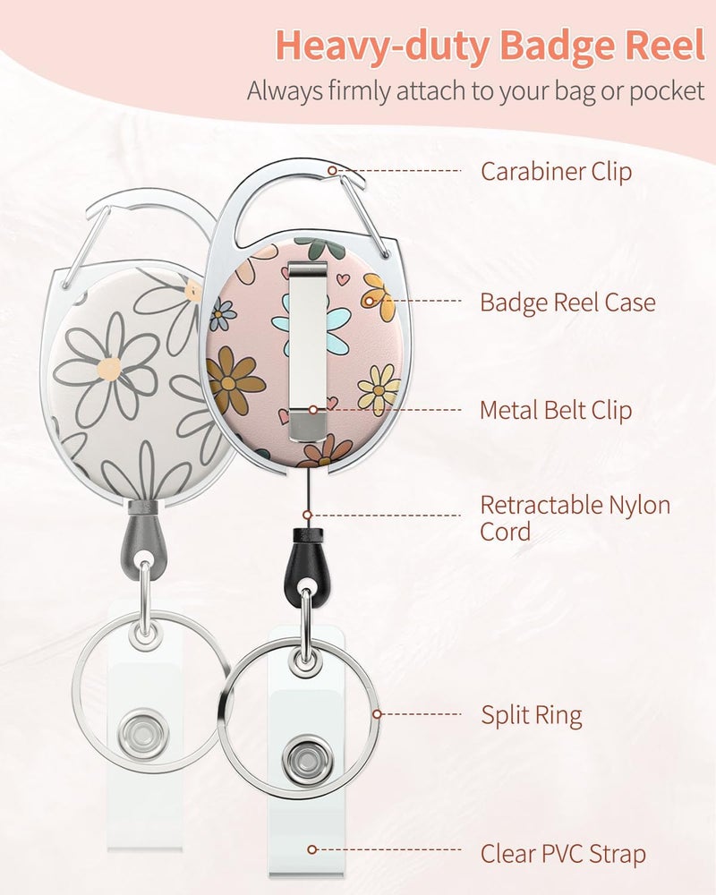 Uniclife 2 Pack Floral Sliding Badge Holder Vertical Flower Plastic Card Case Protector with Retractable Badge Reel Carabiner for Office School ID Credit Proximity Key Women Nurse Teacher Student - Image 3